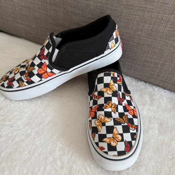Vans Slip On Checkerboard Butterfly Print Sneakers Womens 6 Casual Shoes - Picture 2 of 9
